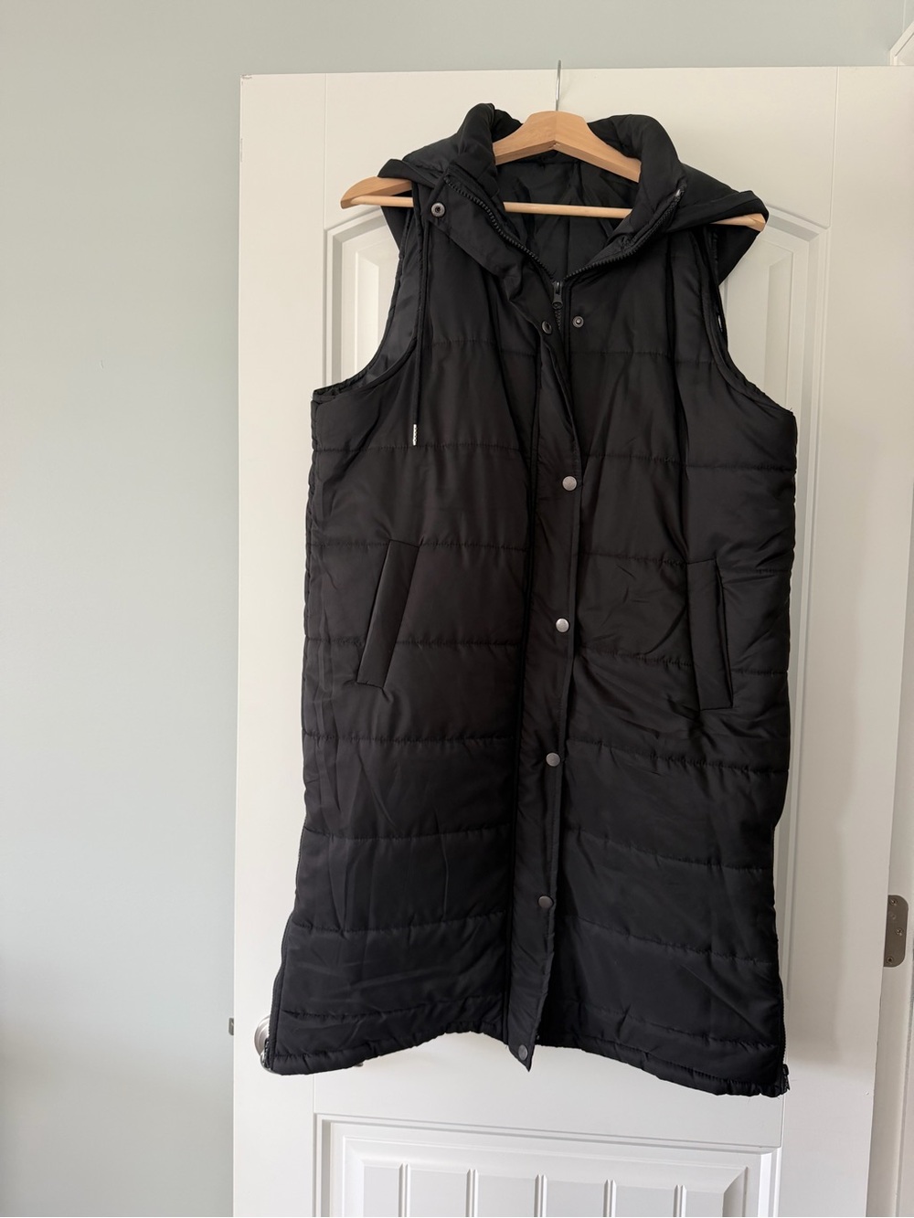 SHEIN Black Long Quilted Hooded Puffer Vest with Side Zippers
